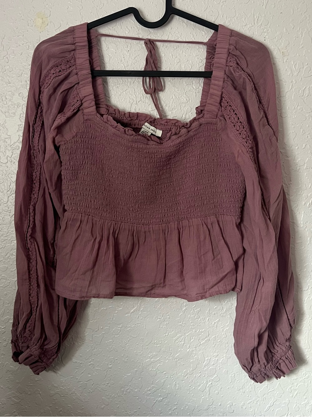 American Eagle Outfitters Mauve Smocked Square-Neck Peplum Top